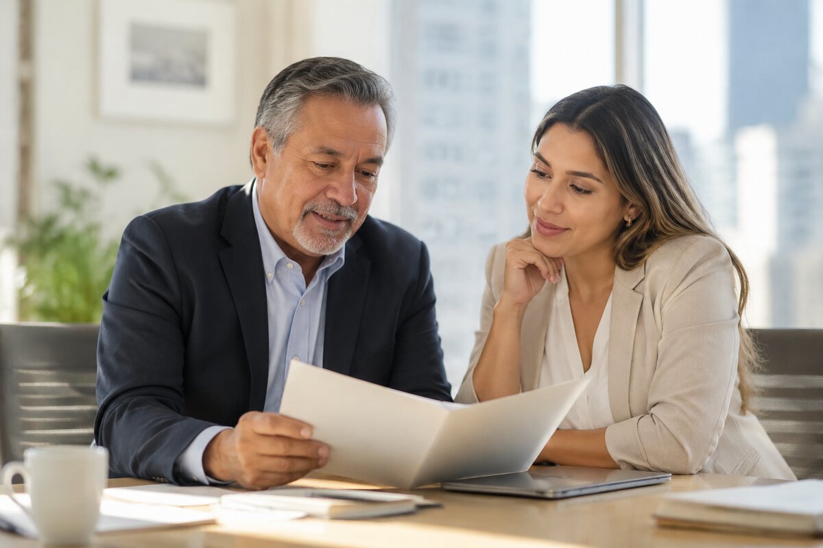 An experienced senior insurance advisor reviewing policy documents with a trusted colleague