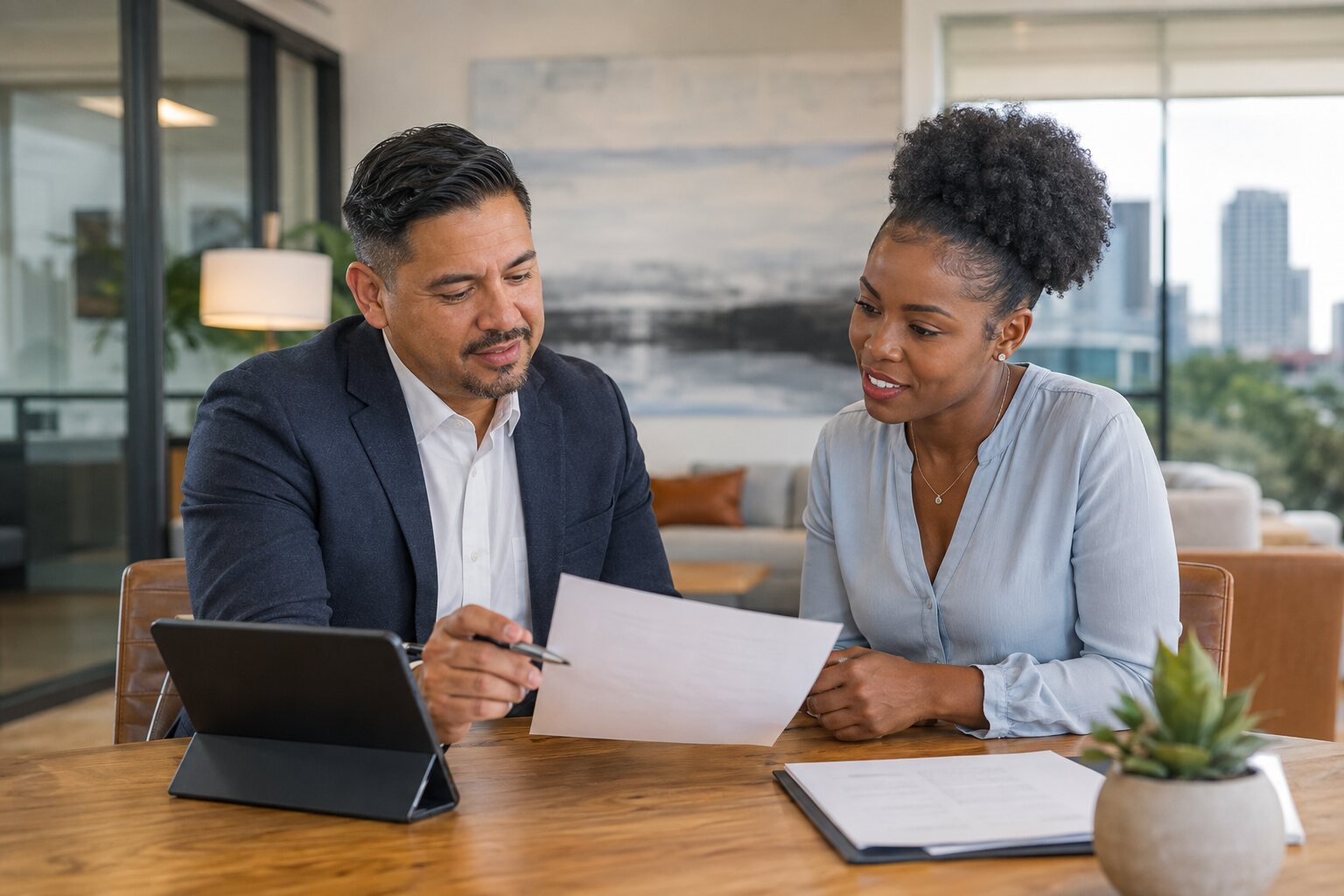An insurance advisor reviewing a coverage plan with a business owner