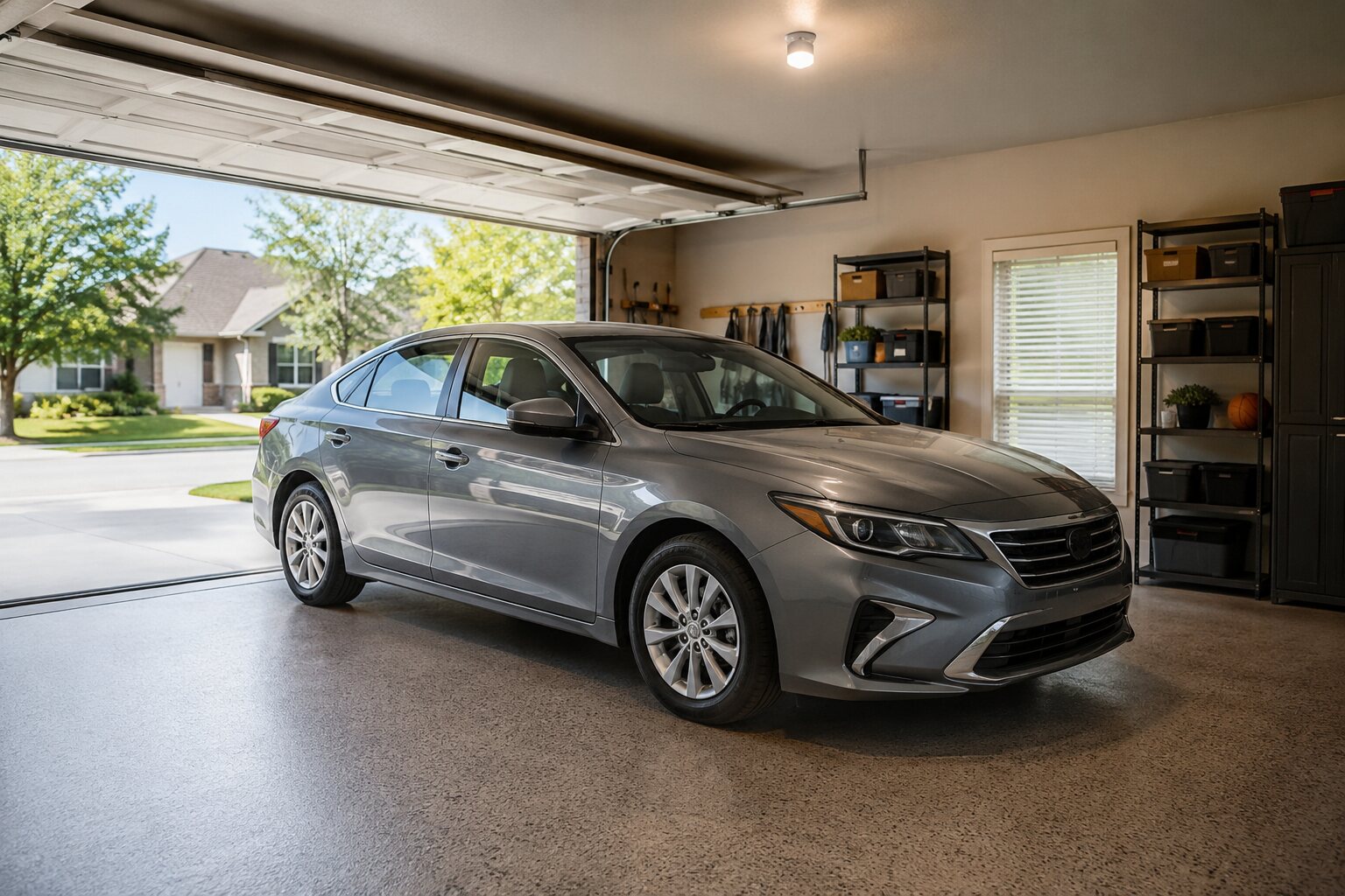 A family sedan protected inside a well-kept residential garage