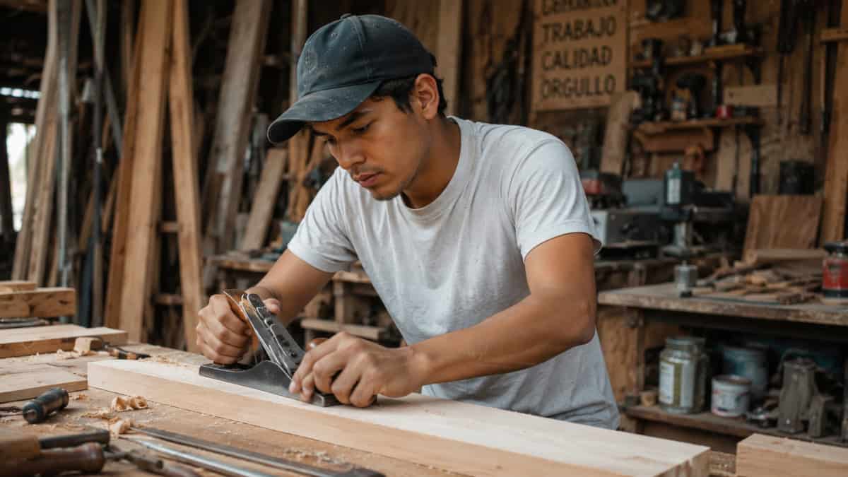 A carpenter carefully sanding wood inside his workshop