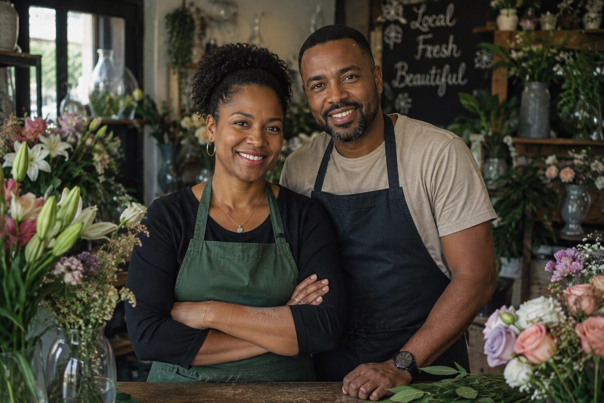 Two flower-shop owners standing together inside their business