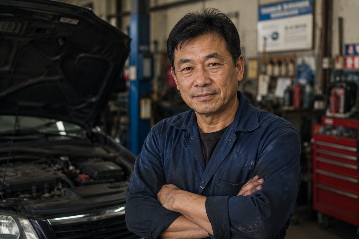 A vehicle being inspected on a lift inside a Dallas repair shop
