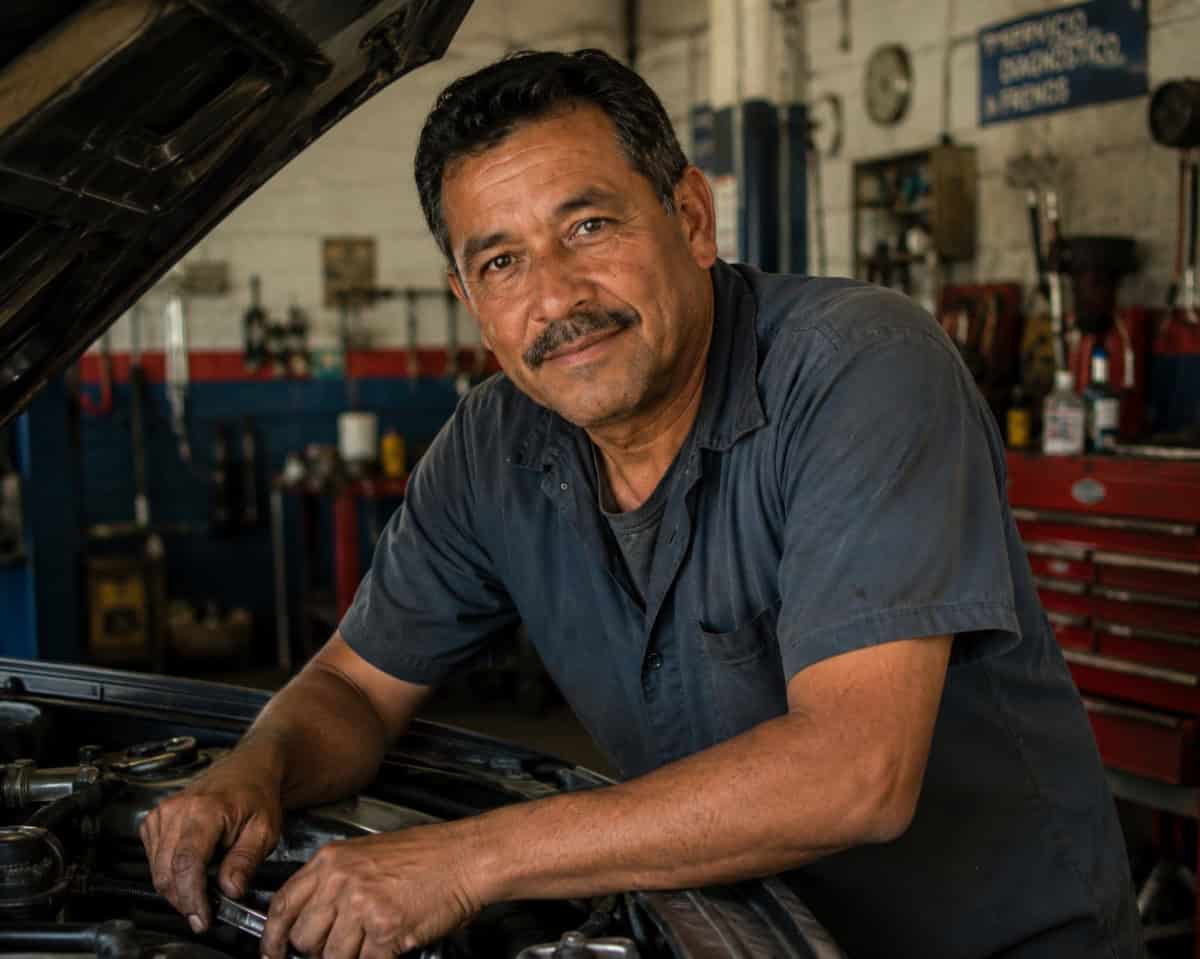 An automotive mechanic working beside an open car hood in his repair shop