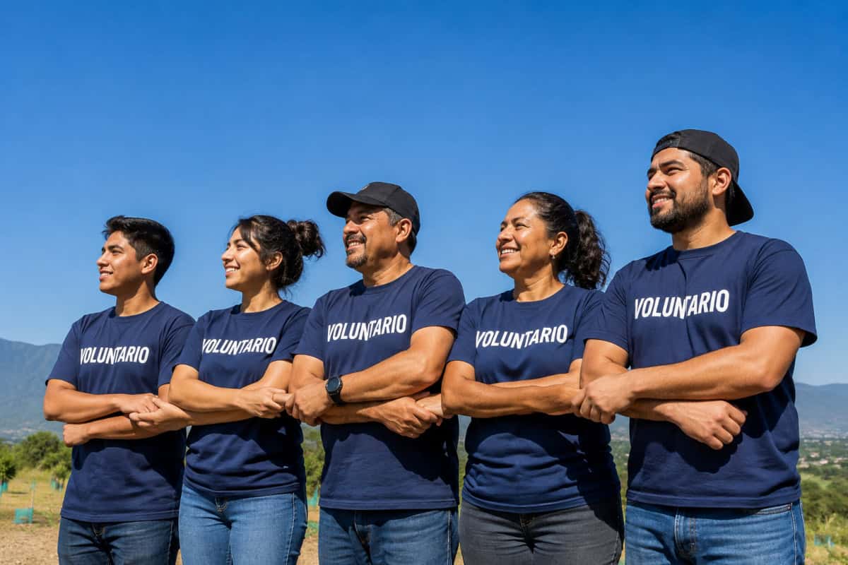 A team of community volunteers standing together outdoors